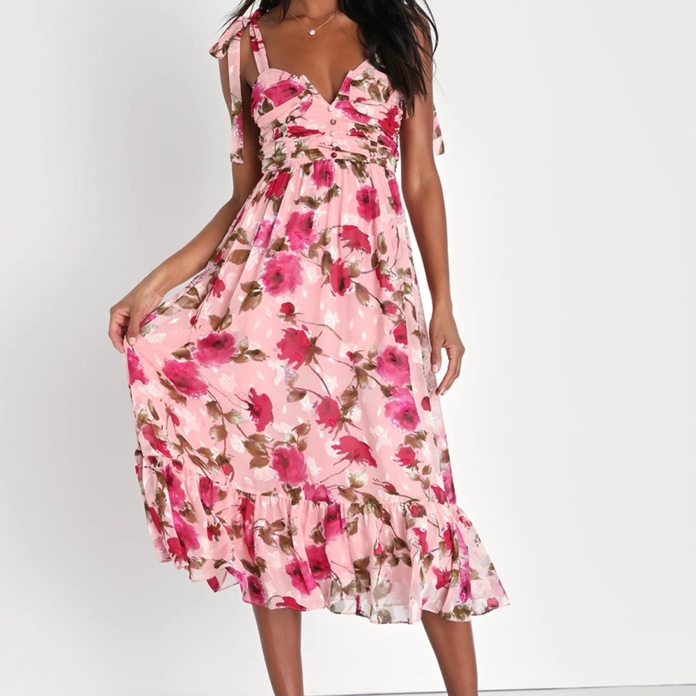 Lulu's Pink Floral Tie-Shoulder Midi Dress